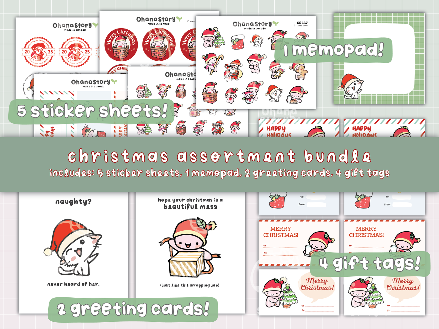 Printable Christmas Assortment Bundle – Stickers, Cards, Tags & Memo Pad