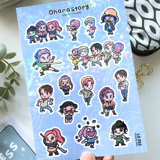 LS012 | Huntrix & Saja Boys Vinyl Sticker Sheet with Broken Glass Laminate | KDH