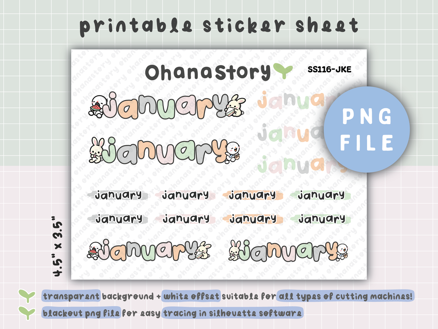 JKE | Bunny Picnic Monthly Script Printable Stickers