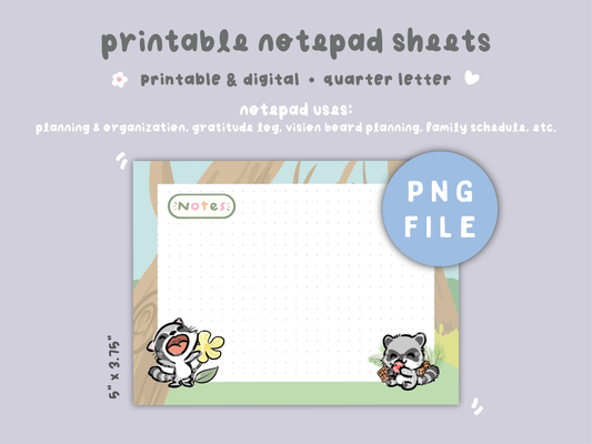 Raccoon in the Forest Digital Notepad | Quarter Letter