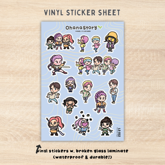 LS012 | Huntrix & Saja Boys Vinyl Sticker Sheet with Broken Glass Laminate | KDH