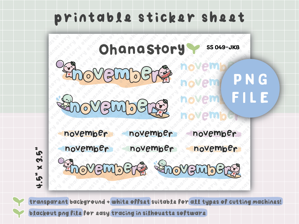 SS049 | Buji at the Beach with Turtle November Script Deco Printable Stickers