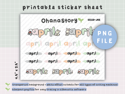 JKE | Bunny Picnic Monthly Script Printable Stickers