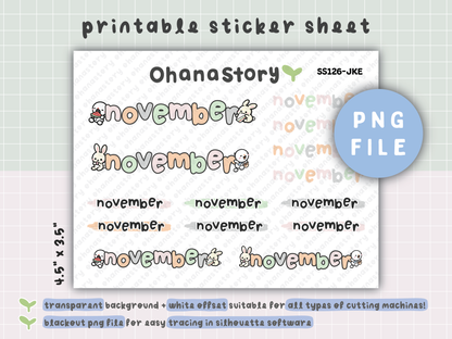JKE | Bunny Picnic Monthly Script Printable Stickers